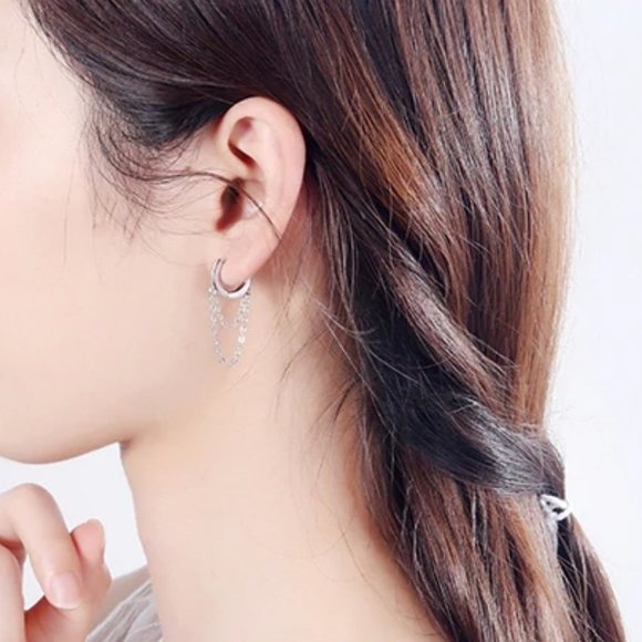 *925 Sterling Silver Huggie Hoop Chain Earrings - Picture 2 of 6